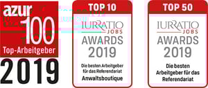 Logos Azur Award 100 Top Arbeitgeber 2019 / Iurratio Jobs Awards 2019 top 10 / Iurratio Jobs Awards 2019 top 5 Logos Azur Award 100 Top Arbeitgeber 2019 / Iurratio Jobs Awards 2019 top 10 / Iurratio Jobs Awards 2019 top 5